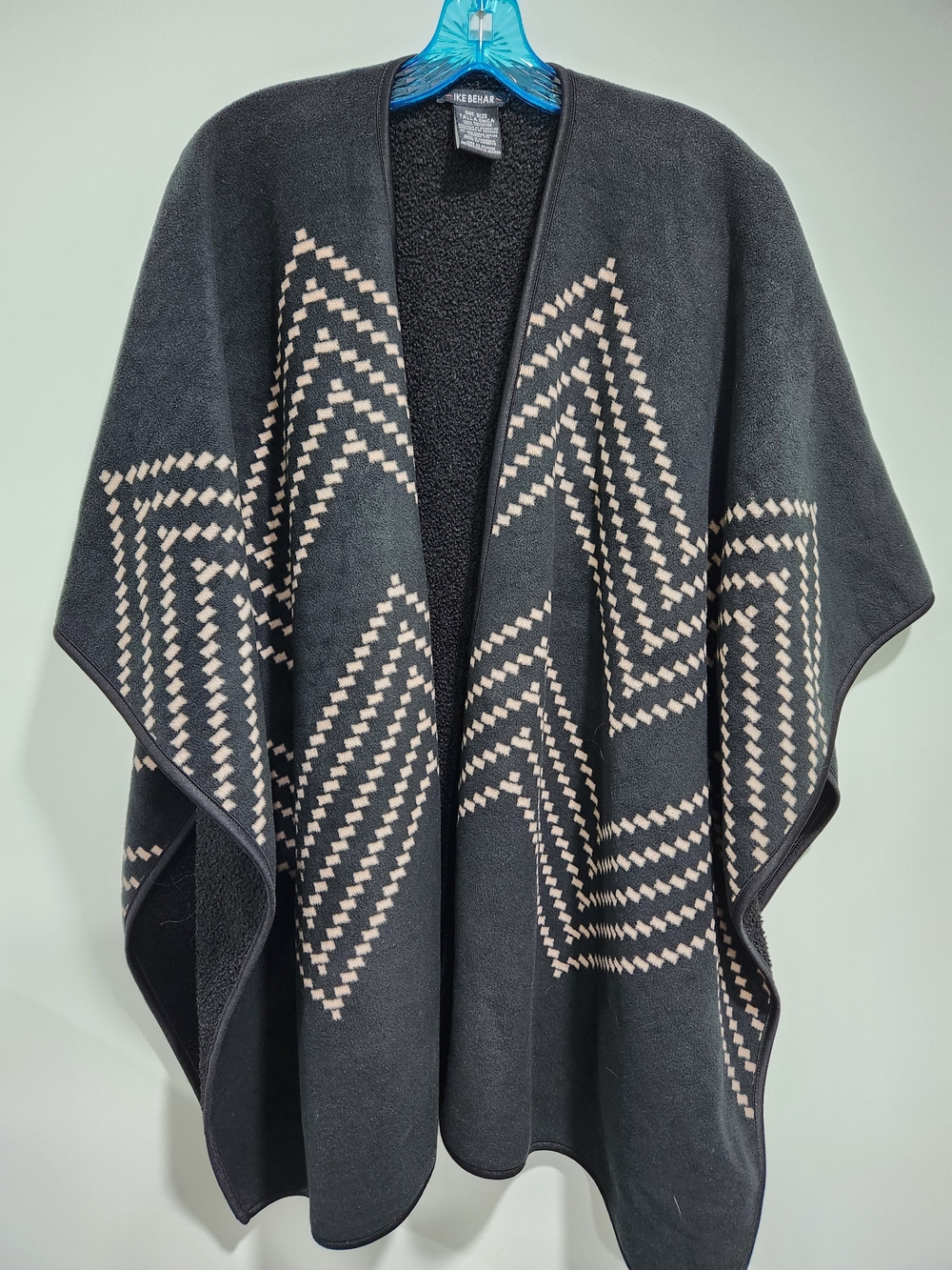 Ike Behar Black Poncho with Cream Geometric Pattern
